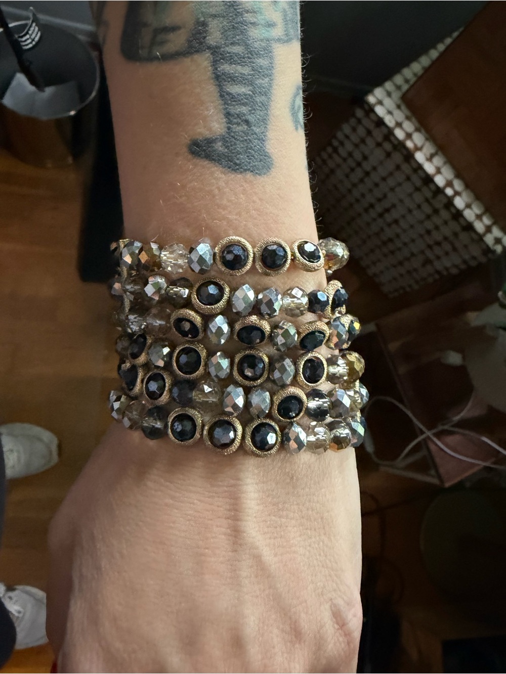 2 Gold Colored and Black Beaded Stretch Bracelet Stack -Jewelry